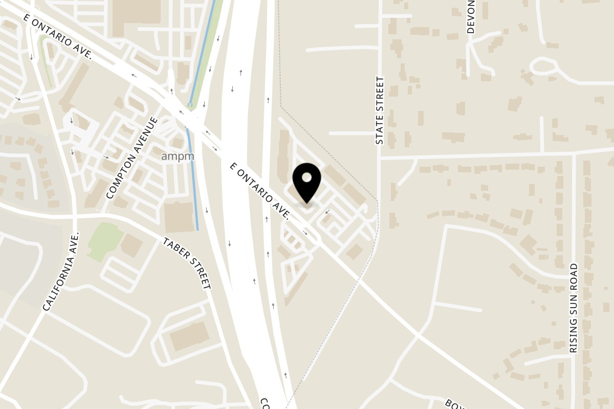 Map showing the location of ON Korean Kitchen on 1535 E Ontario Ave #101 in Corona